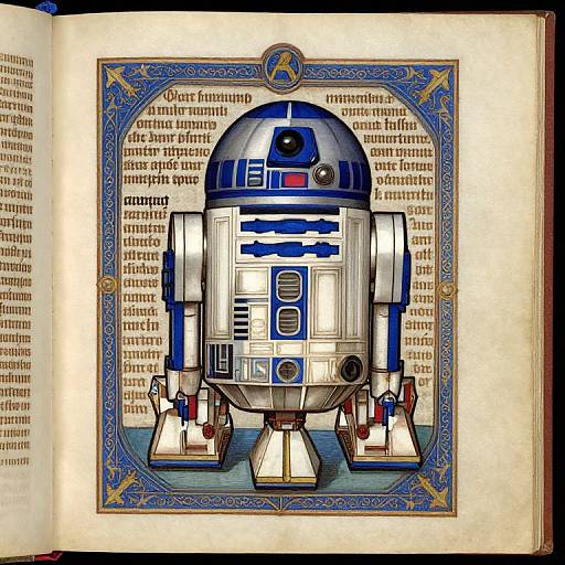 Digital illustration of R2-D2, styled with blue and silver metallic textures, centered within an ornate, blue-bordered medieval manuscript page.