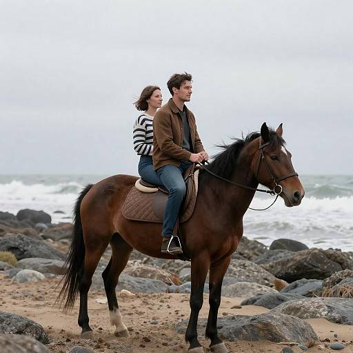 Couple Riding Horse on Rocky Beach