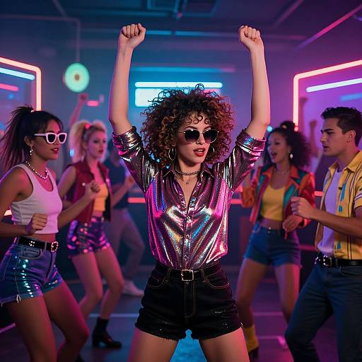 Photograph of a vibrant nightclub scene with a curly-haired woman in a metallic shirt and black shorts, raising her arms, surrounded by neon lights and dancing