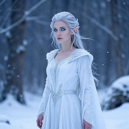 Photograph of a pale-skinned, white-haired elf woman in a white, embroidered dress, standing in a snowy forest with blue eyes, pointed ears