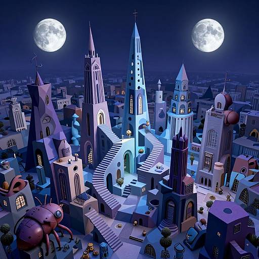 Whimsical digital artwork of a night-lit, gothic city with glowing full moons, spired buildings, cobblestone streets, and giant