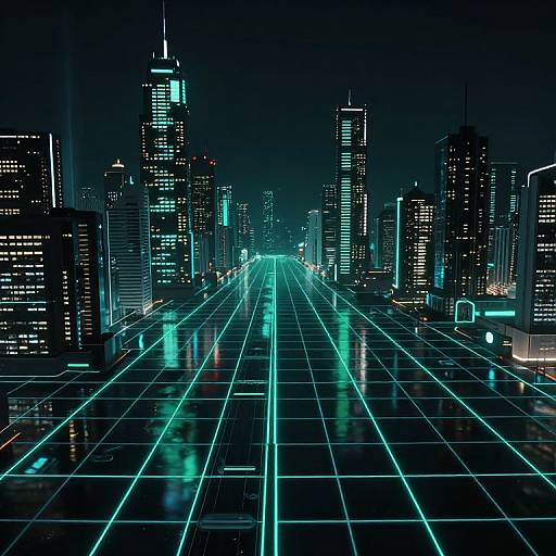Neon-lit, futuristic cityscape photograph showing a grid-lined street with glowing blue lights, surrounded by towering skyscrapers at night.