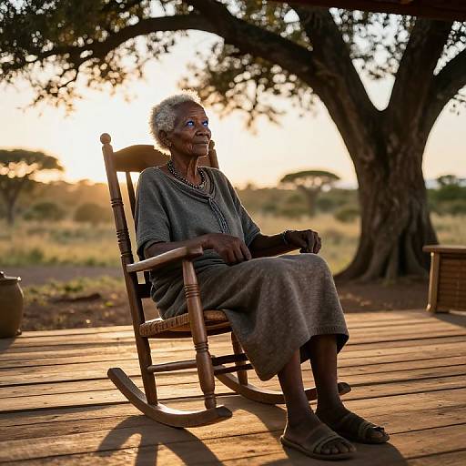 Photograph of an elderly African woman with gray hair, wearing a loose gray dress and sandals, sitting on a wooden rocking chair on a sunlit wooden
