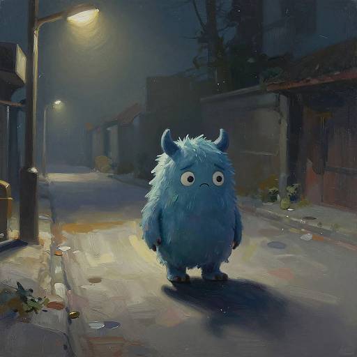Digital painting of a blue, fluffy, horned creature with large eyes standing on a dimly lit, deserted, nighttime alley.