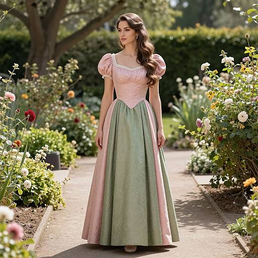Photograph of a young woman with long brown hair in a pink and green Victorian-style dress, standing in a sunlit, blooming garden path.