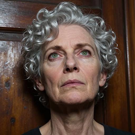 Photograph of an elderly woman with curly silver hair, green eyes, and a solemn expression, standing against a dark wooden background.