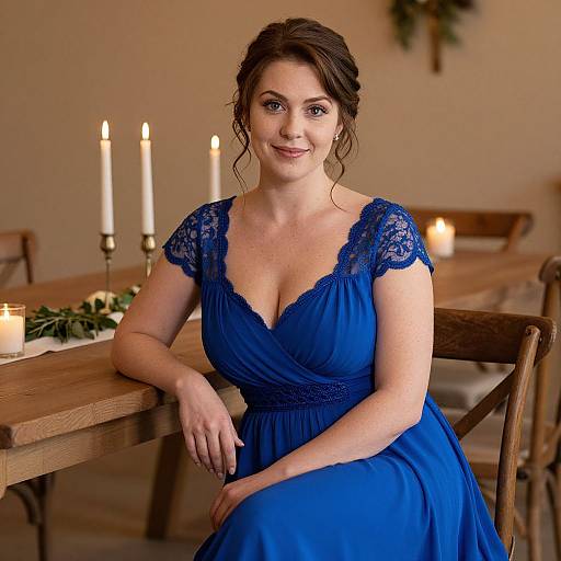 Photograph of a smiling, fair-skinned woman with dark brown hair in an updo, wearing a blue lace-trimmed dress, seated at