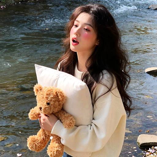 Realistic Girl Walking by River with Teddy