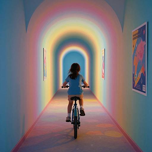 Photograph of a child with dark hair riding a bike through a brightly lit, rainbow-colored tunnel corridor with posters on the walls.