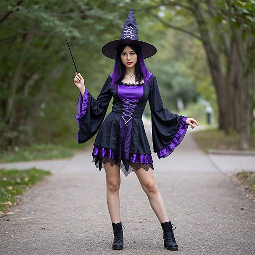Photograph of a young woman in a purple and black witch costume with a pointed hat, holding a wand, standing on a forest path.