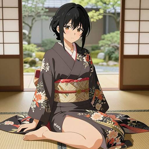Anime-style digital drawing of a black-haired woman in a black floral kimono, sitting on a tatami mat, with a garden view through shoji