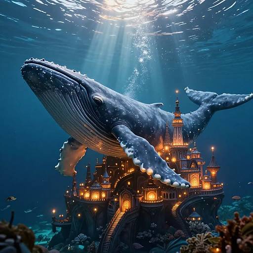Photograph of a giant blue whale swimming above an illuminated, fairy-tale castle with glowing windows, surrounded by underwater coral and fish. Sunlight beams