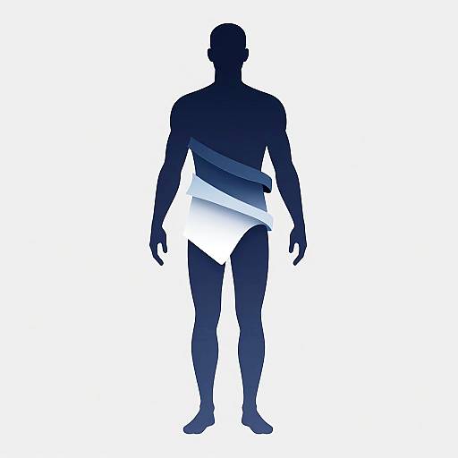 Silhouetted male figure in blue and white gradient, standing, wearing minimal clothing, white background, digital art, minimalist style.