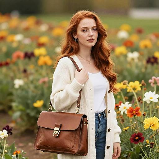 Red-Haired Girl in Flower Field