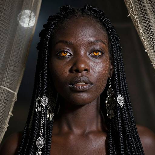 Photograph of a dark-skinned Black woman with orange eyes, wearing long braids with silver circular earrings, standing in a dimly lit room with