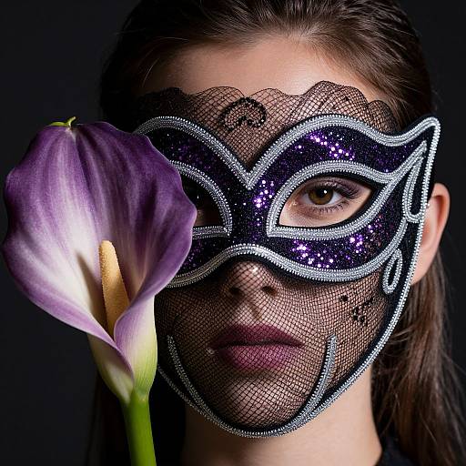Photograph of a young woman with fair skin, brown hair, wearing a black lace mask adorned with purple sequins, and a large purple calla