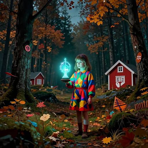 Photograph of a child in a colorful, striped dress holding a glowing blue orb in a mystical, autumn forest with red houses.