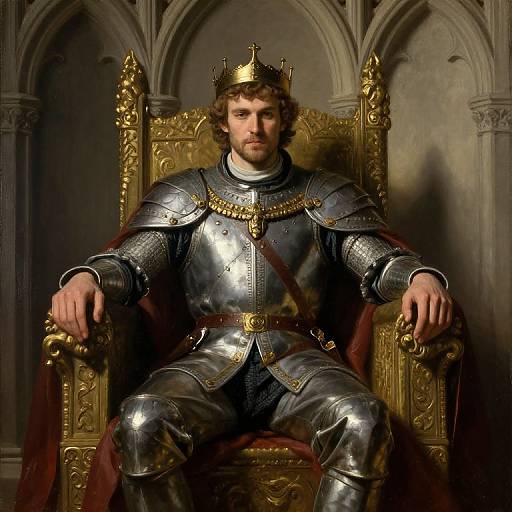 Photograph of a bearded, curly-haired king in shiny silver armor, gold crown, and ornate throne, with a red cape, in a