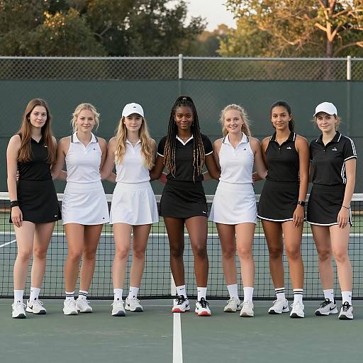 Seven Young Women on Tennis Court