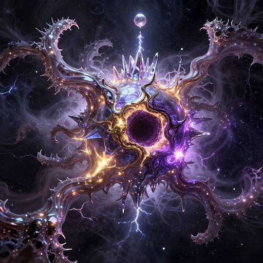 Digitally rendered cosmic entity with a black center, surrounded by glowing, spiky, purple, blue, and orange tendrils against a starry background