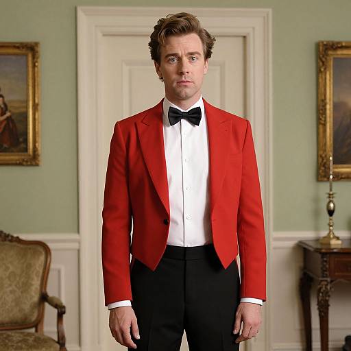 Photograph of a white man with brown hair, wearing a red tuxedo jacket, black bow tie, and black pants, standing in a formal