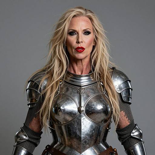 Photograph of a blonde, middle-aged woman with long hair, wearing shiny silver medieval armor and red lipstick, against a gray background.