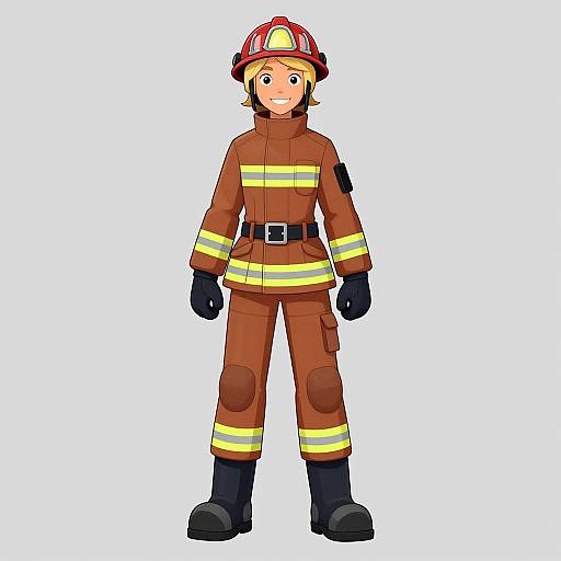 Digital illustration of a cute, smiling, blonde-haired cartoon firefighter with red helmet, brown uniform, yellow stripes, black gloves, and boots.