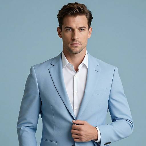 Photograph of a handsome, fair-skinned man with short brown hair, wearing a light blue suit and white shirt, against a plain light blue background