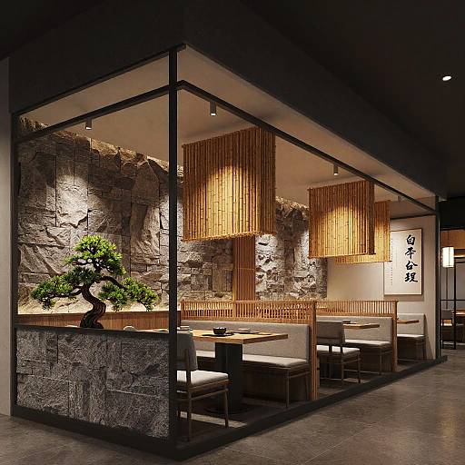 Modern Asian Restaurant Interior with Bamboo and Bonsai