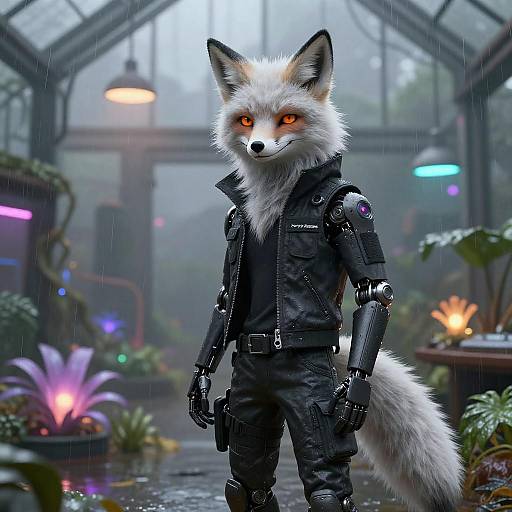 Cyberpunk Fox Android in Rainy Greenhouse
