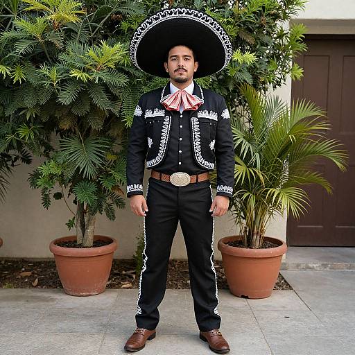 Photograph of a man in traditional Mexican charro suit with large black hat, white embroidery, red bowtie, standing in front of potted plants