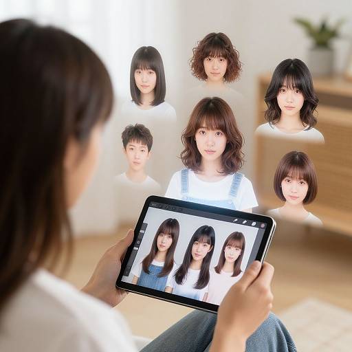 Photograph of a woman with black hair, holding a tablet showing six portraits of different East Asian women with various hairstyles, in a bright, modern room