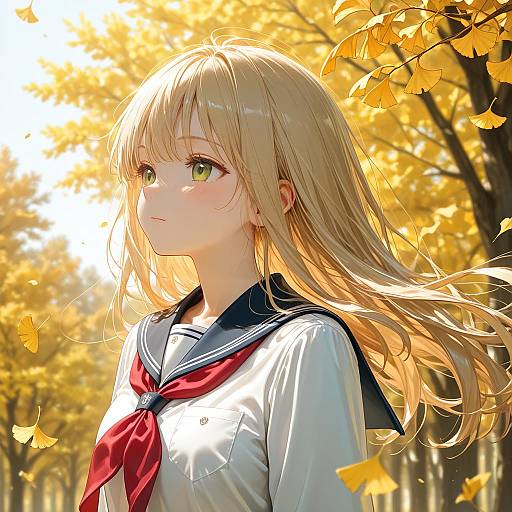 Anime Girl in School Uniform with Autumn Leaves
