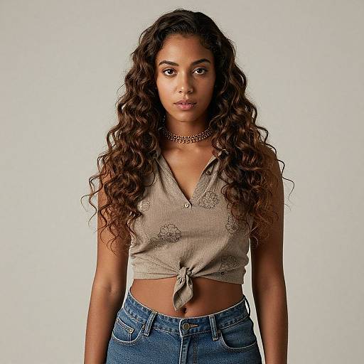 Photograph of a young Black woman with long, curly brown hair wearing a tied, sleeveless, beige top and blue jeans, against a plain white