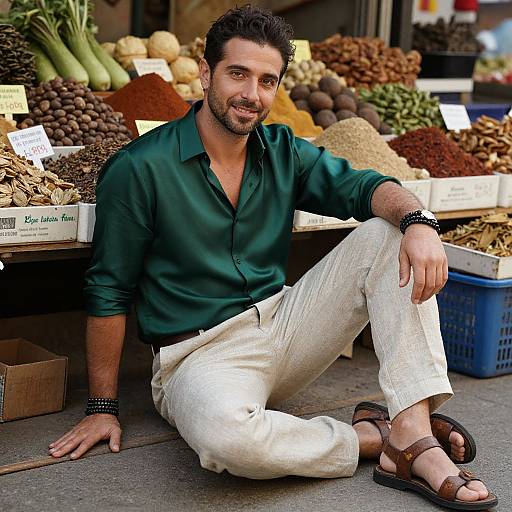 Photograph of a smiling, bearded man with dark hair, wearing a green shirt, white pants, and sandals, sitting in a colorful spice market