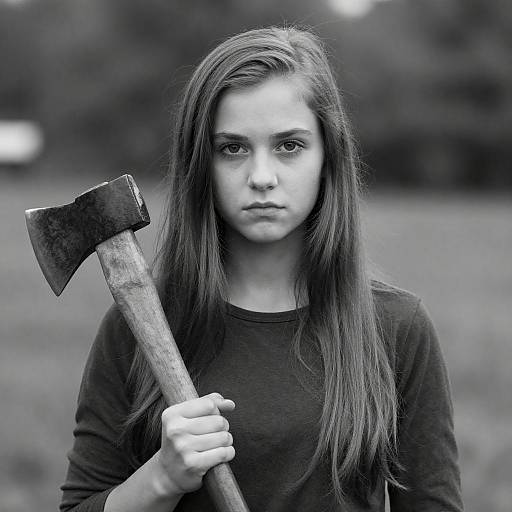 Serious Young Woman Holding Axe Black and White