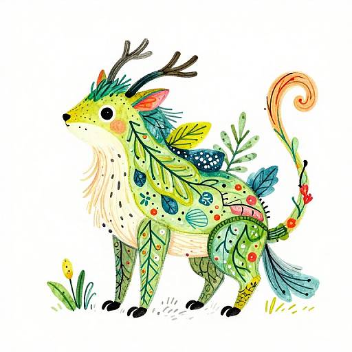Whimsical, colorful drawing of a mythical deer with green, leafy body, blue and red accents, antlers, and a curled tail,