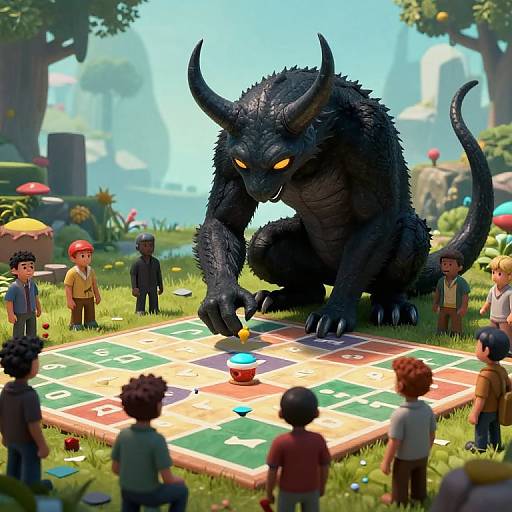 Digital art: Large black dragon with glowing eyes plays board game with diverse children in colorful forest, sunlight filtering through trees.
