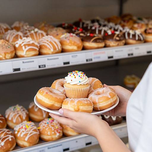 Woman Holding Donuts by Display