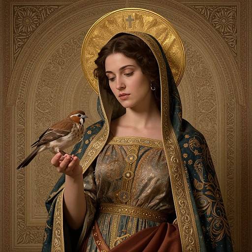 Digital artwork of a serene, fair-skinned, dark-haired woman with a gold halo, wearing an ornate green and gold robe, holding a small