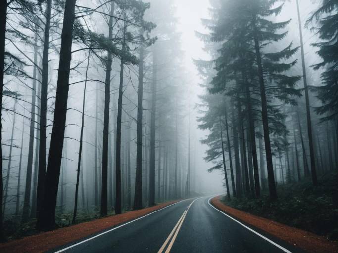 Mystical Foggy Forest Road Wallpaper