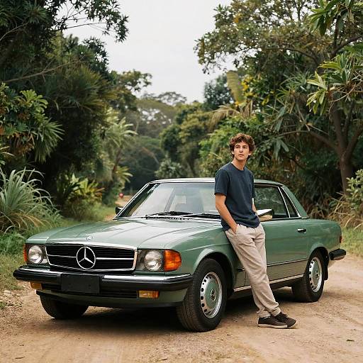 Man Leaning on Vintage Green Mercedes
