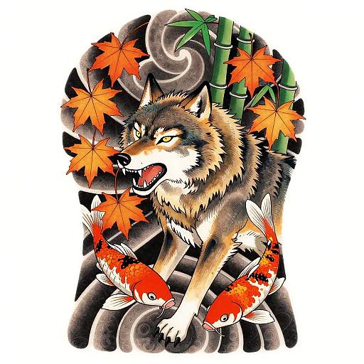 Japanese Style Wolf Tattoo Design