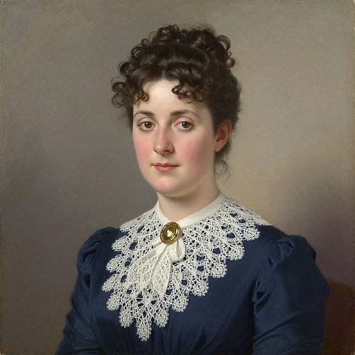 Photograph-style painting of a fair-skinned woman with curly dark hair, wearing a navy blue dress with intricate white lace collar, gold brooch,