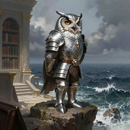 Owl Archivist in Silver Armor on Cliff