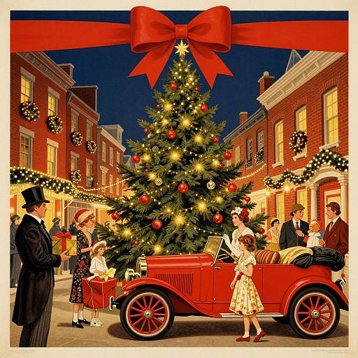 Vintage-style illustration of a festive street scene with a decorated Christmas tree, red car, and people in 1920s attire, under a large red