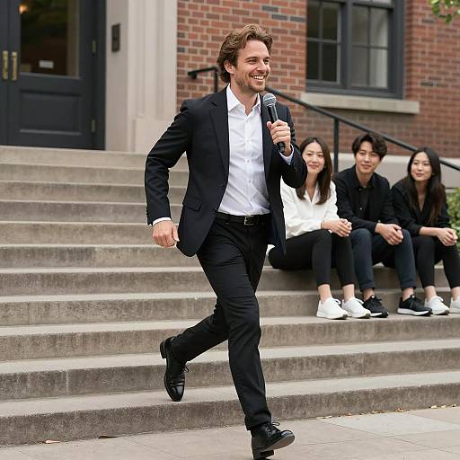 Man Running Up Steps with Microphone Outdoors