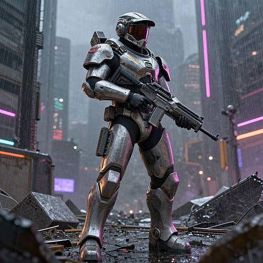 Cyberpunk sci-fi soldier in shiny silver armor, holding a rifle, standing in a rain-soaked, neon-lit, ruined city street.