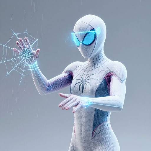 CGI image of a white, glowing Spider-Man suit with blue eyes, webbing on the chest, and a glowing web in the hand.