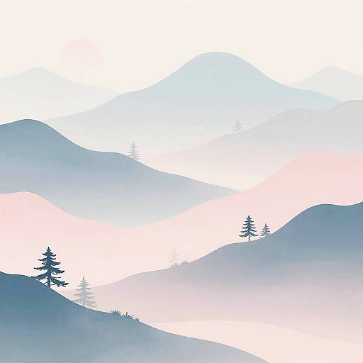 Digital illustration of layered mountain landscape with soft blue and white gradients, sparse pine trees, and a pastel pink sky.